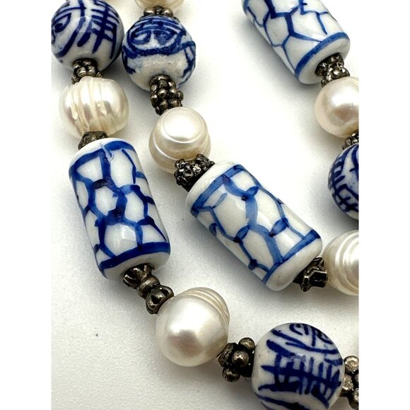 Vintage Blue White Porcelain Bead Necklace Fresh Water Pearls Traditional Motifs - Picture 4 of 7